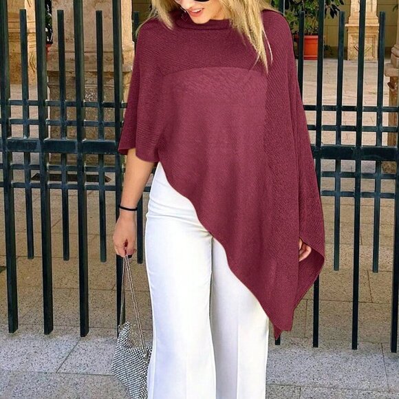 Burgundy Elegant Women's oversized Loose Knit Shawl poncho top - Picture 3 of 6